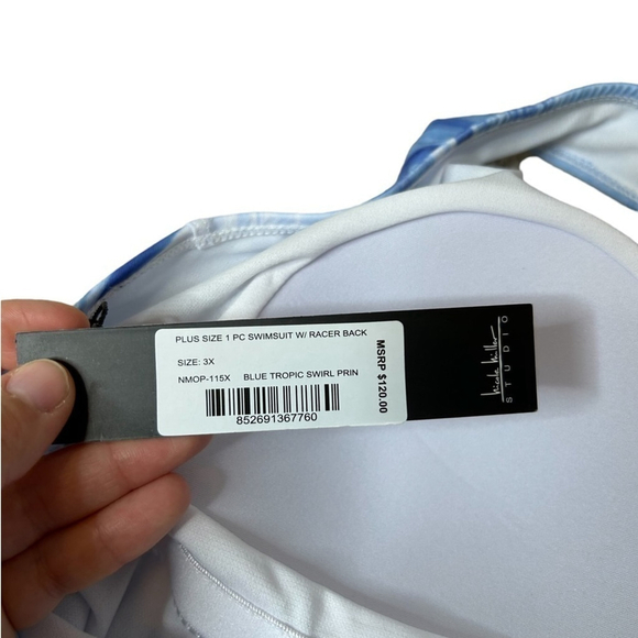 Nicole Miller Studio Blue Tropic Swirl Plus Size Racerback One Piece Swim 3X - Picture 12 of 15